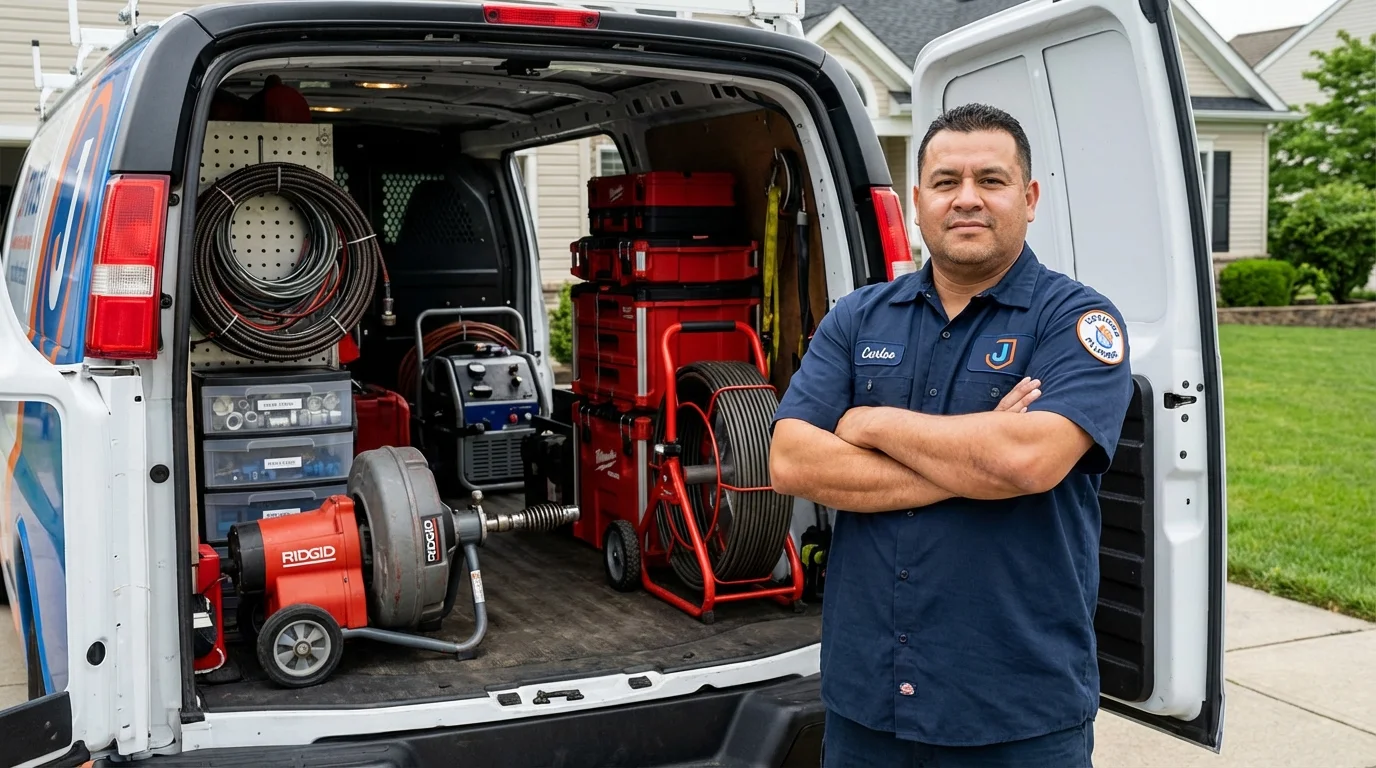 Professional drain cleaning equipment and Johns Plumbing LLC plumber in Evart