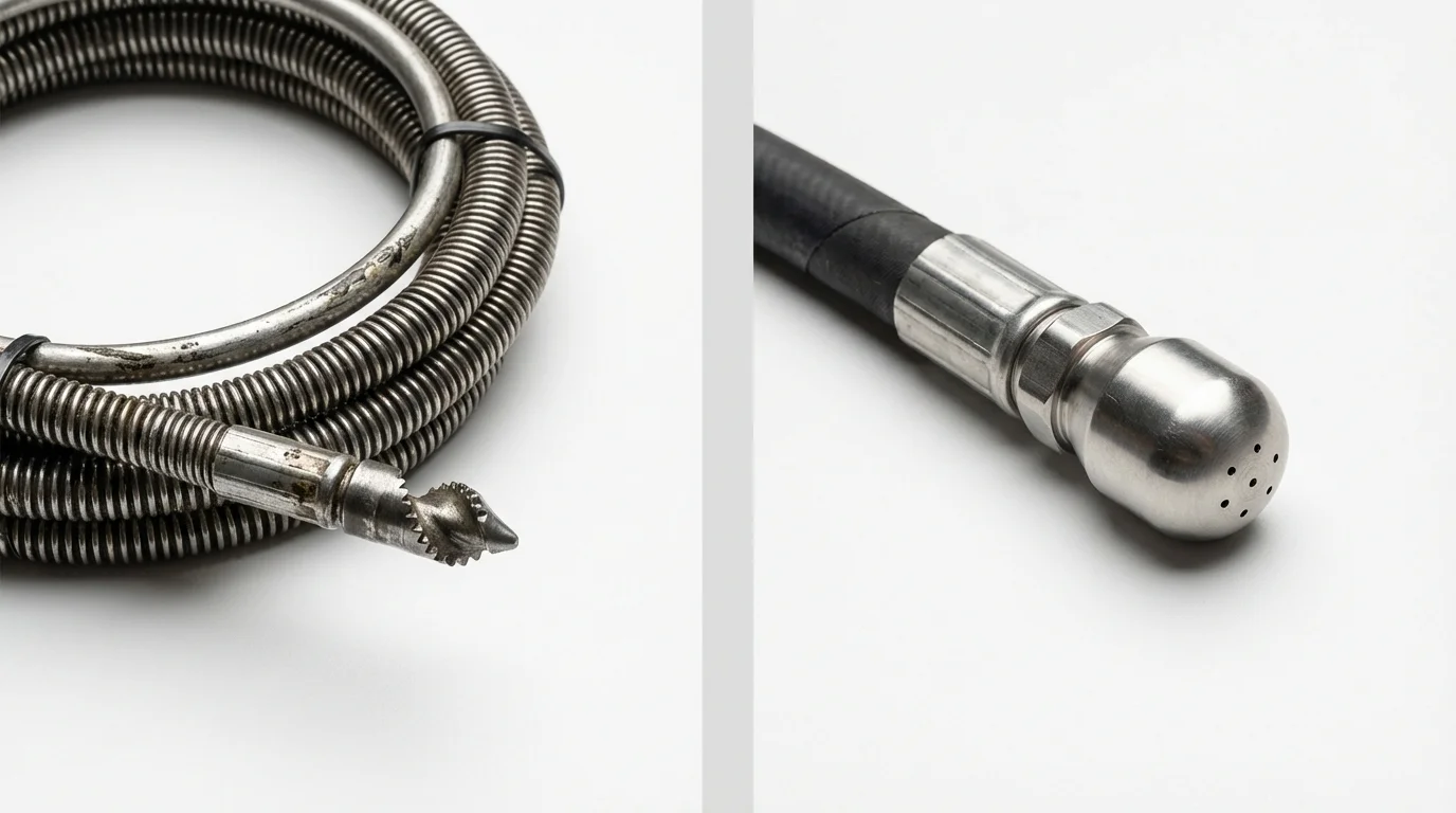 Drain snake cable and hydro jetting nozzle used for drain cleaning in Evart, MI