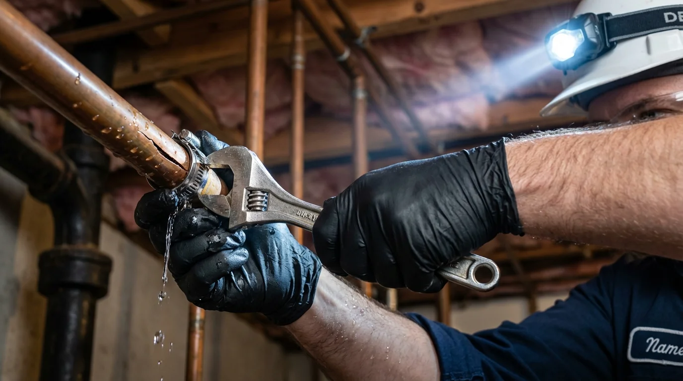 Emergency pipe clamp repair being performed by a Johns Plumbing LLC plumber in Evart