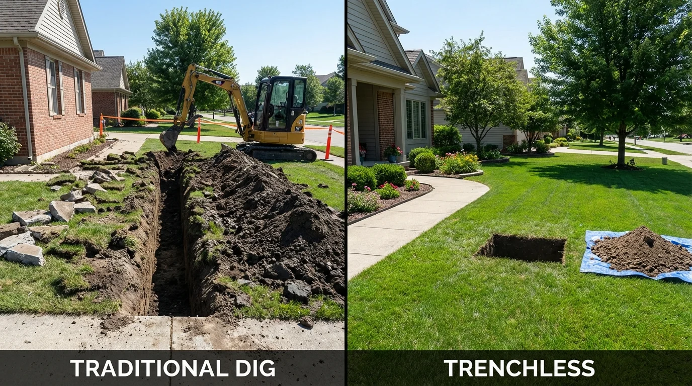 Trenchless sewer repair with minimal yard damage versus traditional excavation in Evart, MI