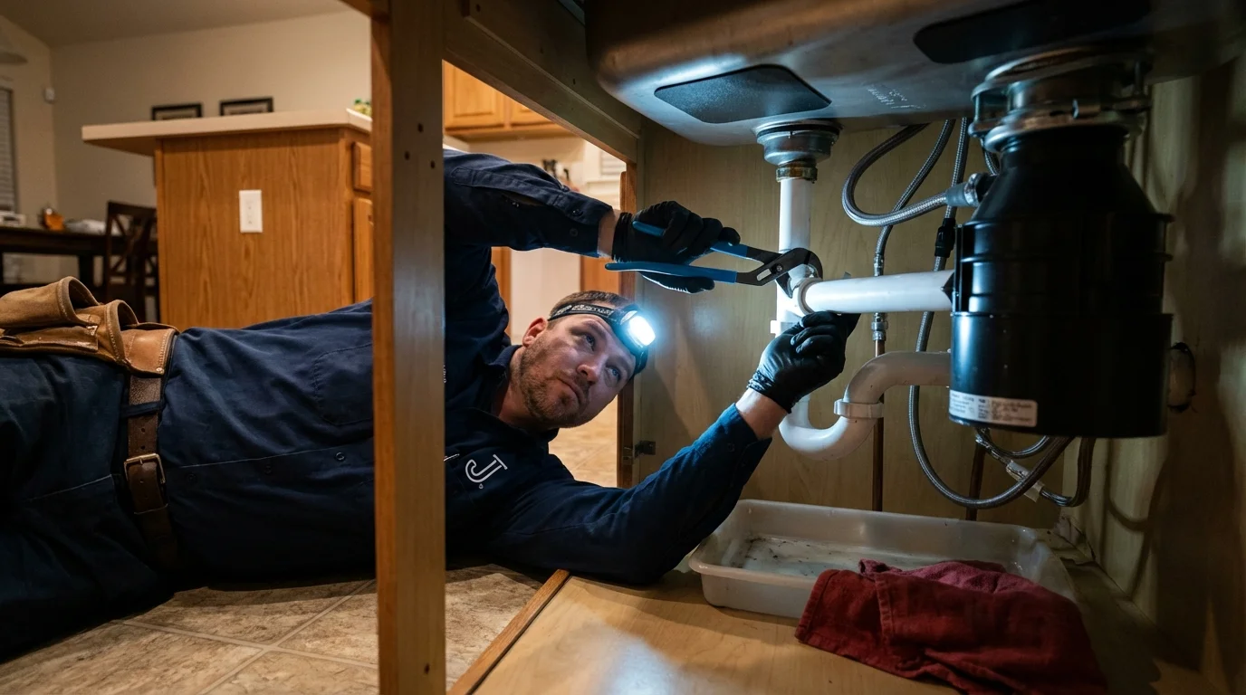 P-trap and supply line connections under a kitchen sink showing a common leak point in Evart, MI